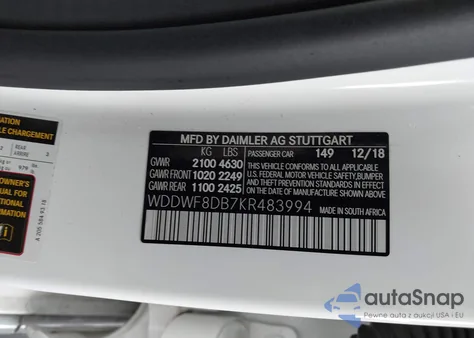 2019 Mercedes-Benz C 300 из США, поврежденный, VIN WDDWF8DB7KR483994